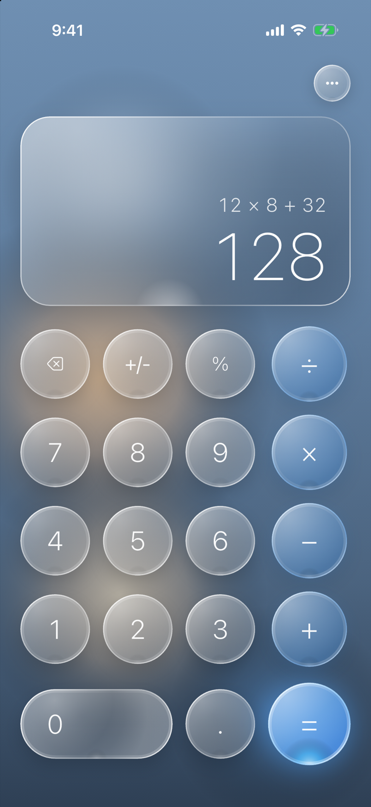 Rare Calculator in Alpine Sky Light Glass mode showing 12 × 8 + 32 = 128