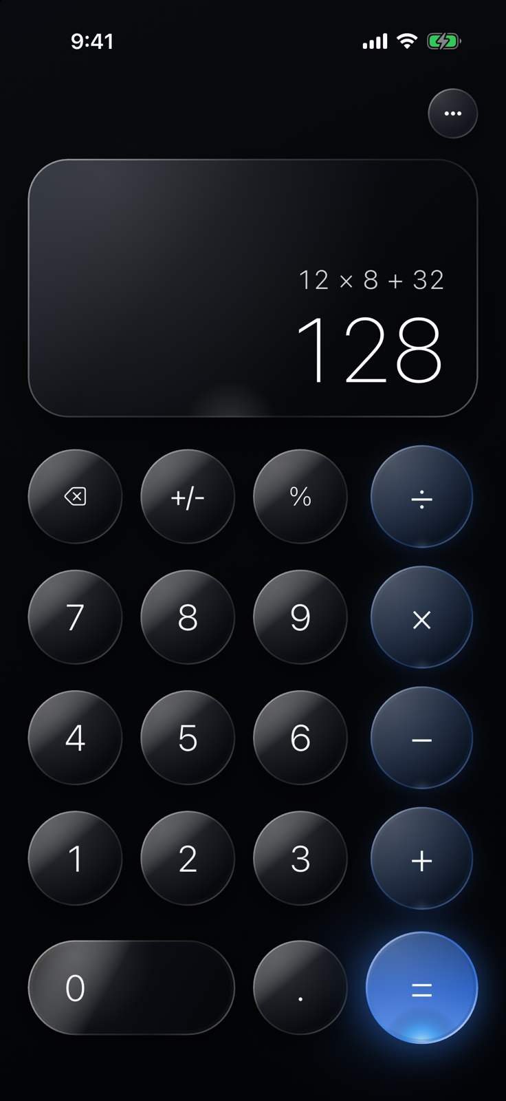 Rare Calculator in Obsidian Dark Glass mode with glowing sapphire equals button