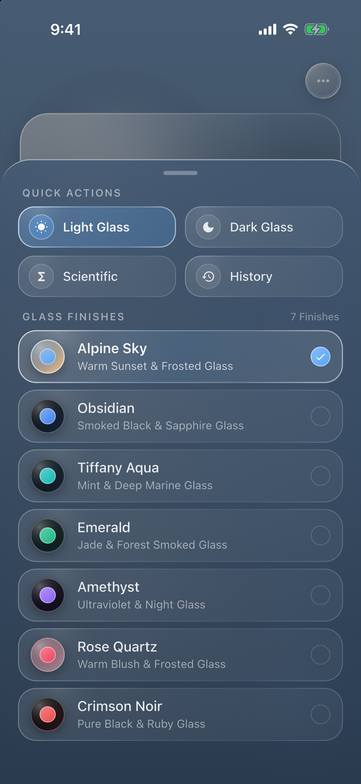 Glass Finishes and Quick Actions sheet on iPhone